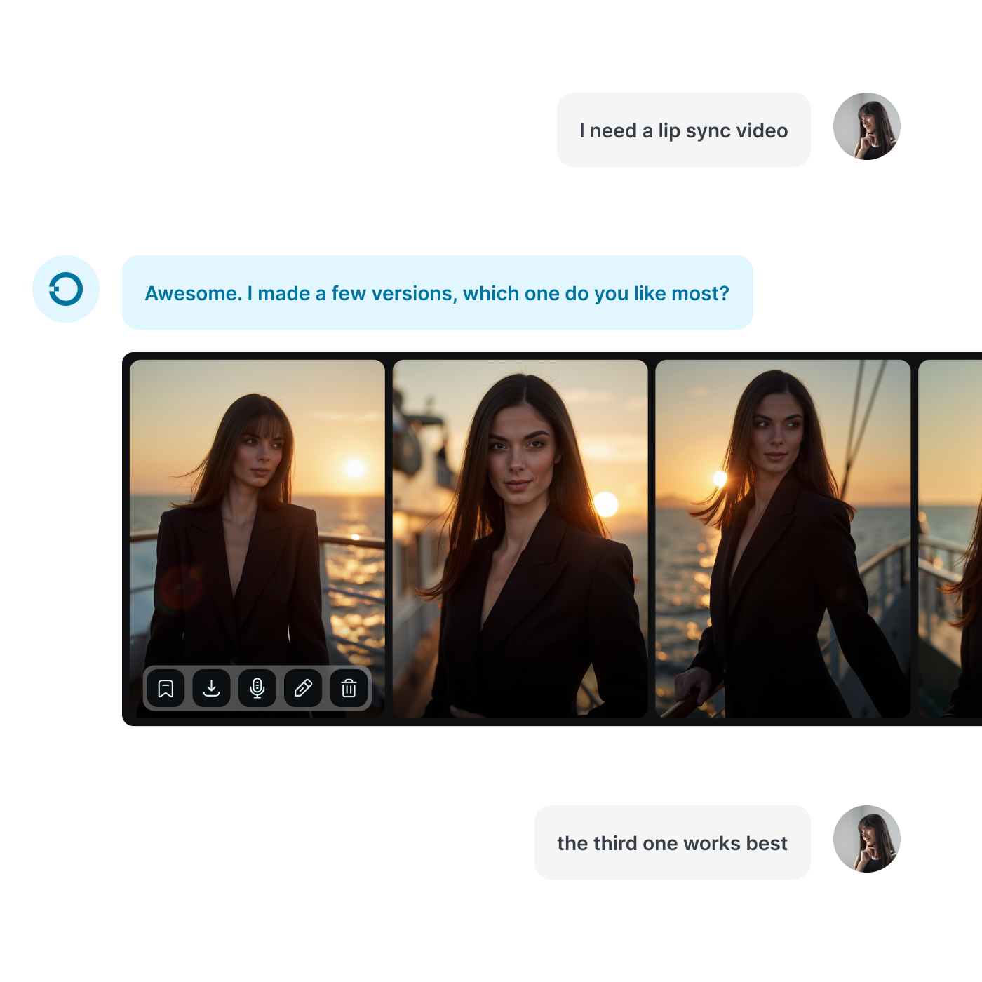 Chat conversation displaying a request for a lip sync video and three preview images of a woman in a black blazer by the sea at sunset.