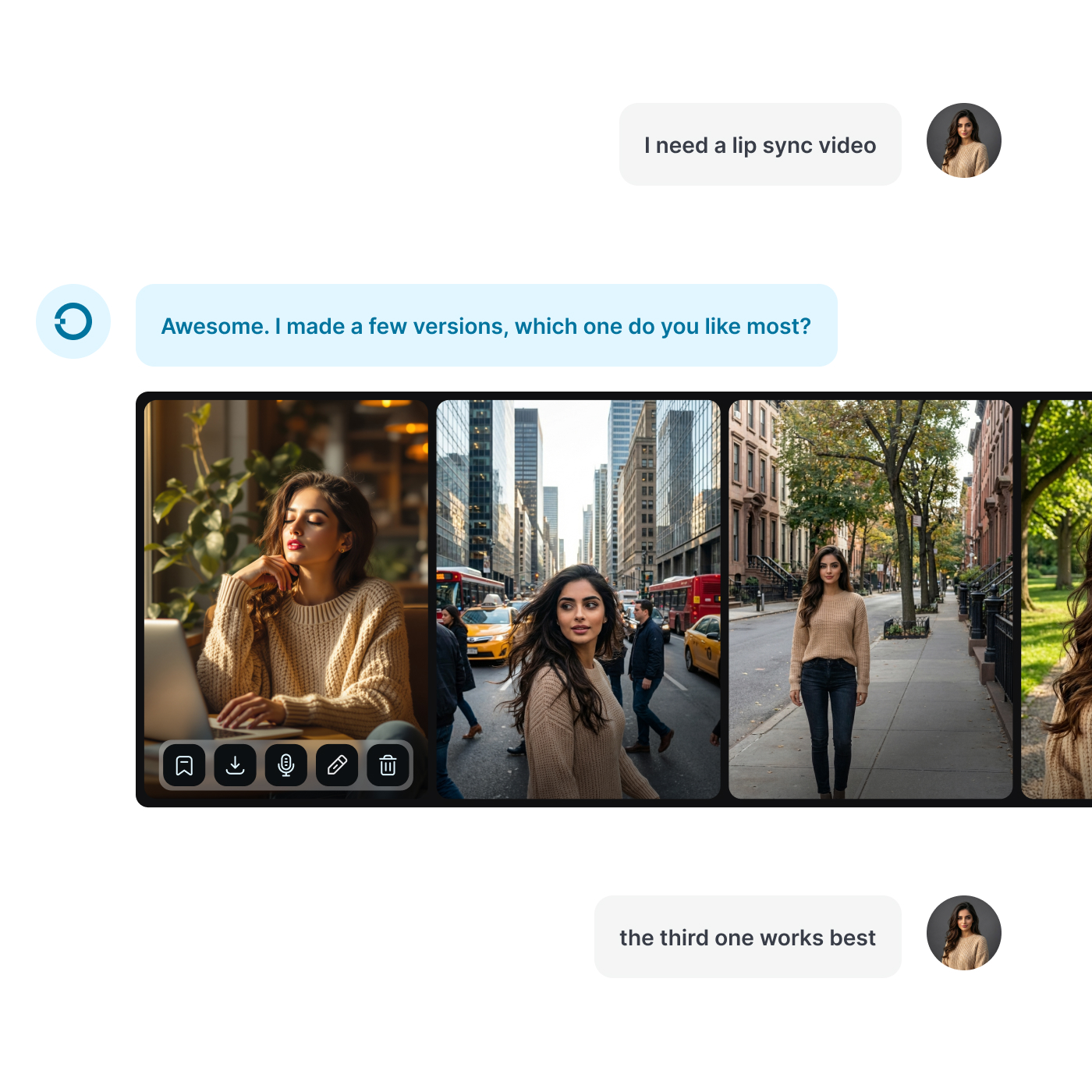 Chat conversation displaying a request for a lip sync video and three preview images of a woman in a black blazer by the sea at sunset.