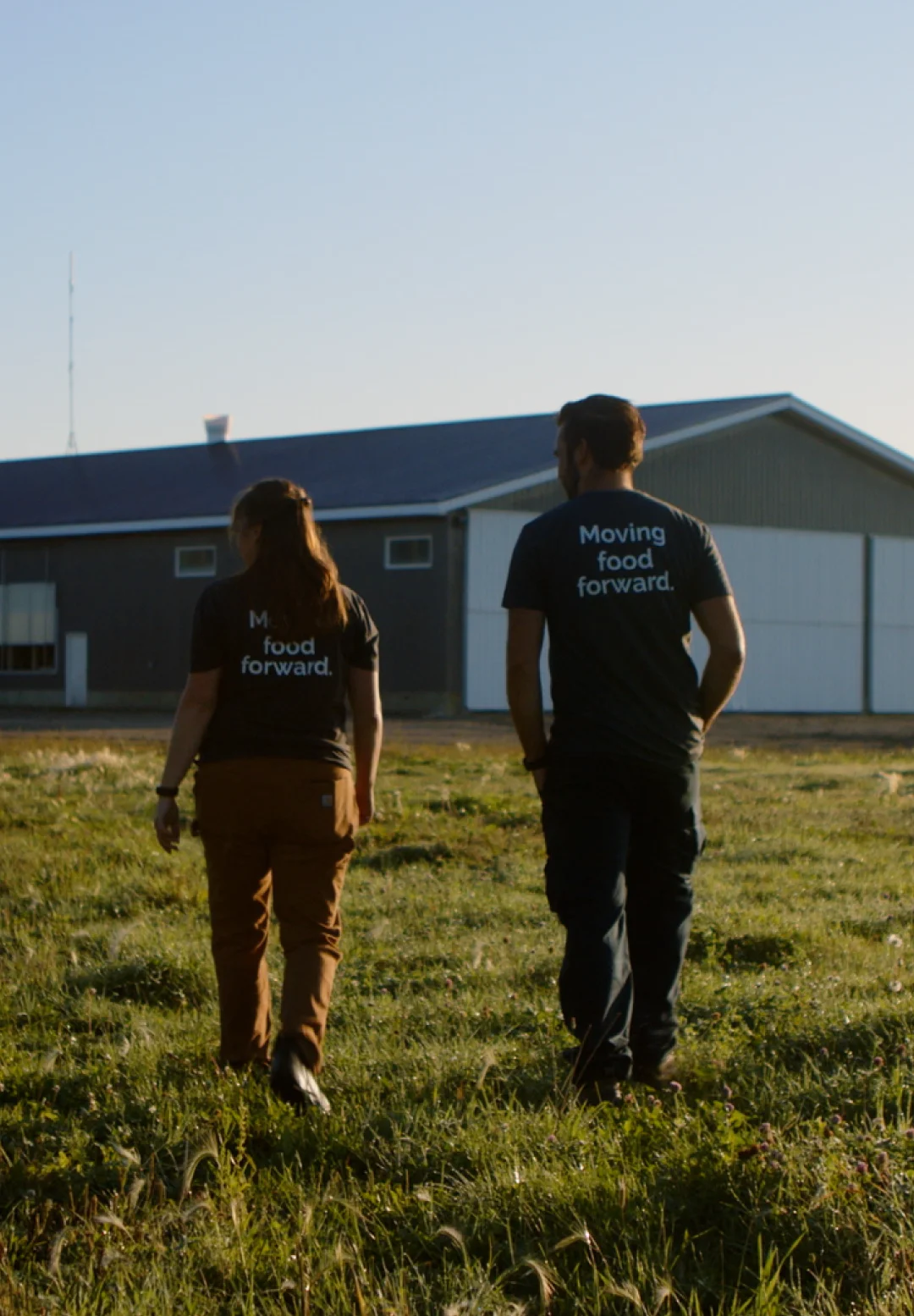 Two people walking through a grassy field toward a farm building at sunset.