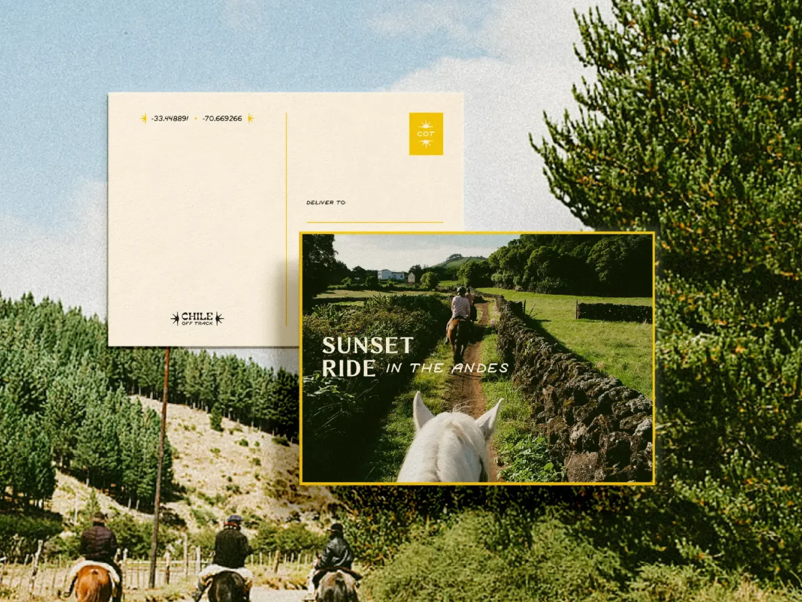 Printed postcard and promotional materials for Chile Off Track, showcasing brand activation for a boutique travel and tourism company.