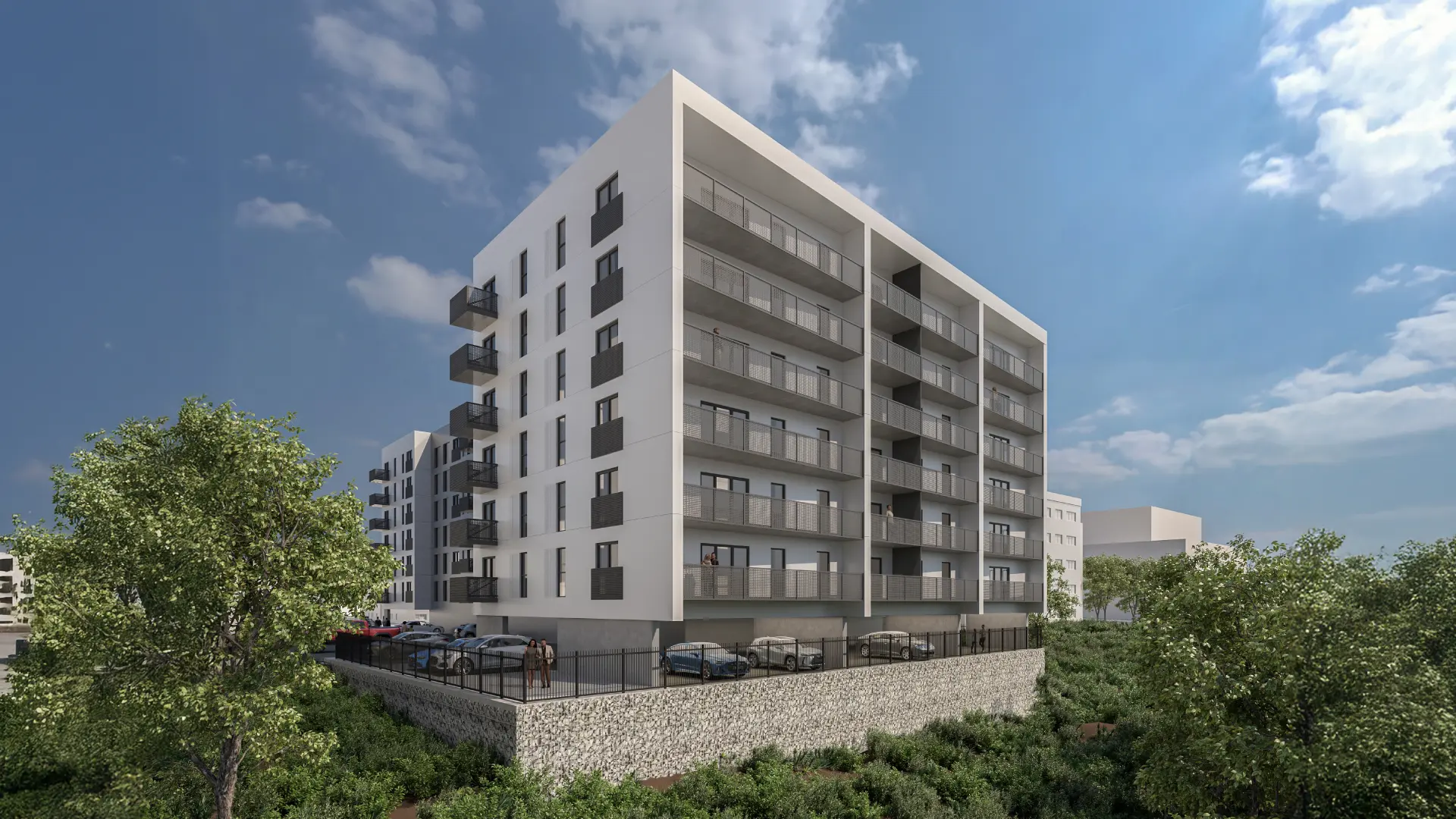 Exterior architectural rendering of The Elswood apartments in Osborne Village, Winnipeg, showing modern residential design and balcony views.