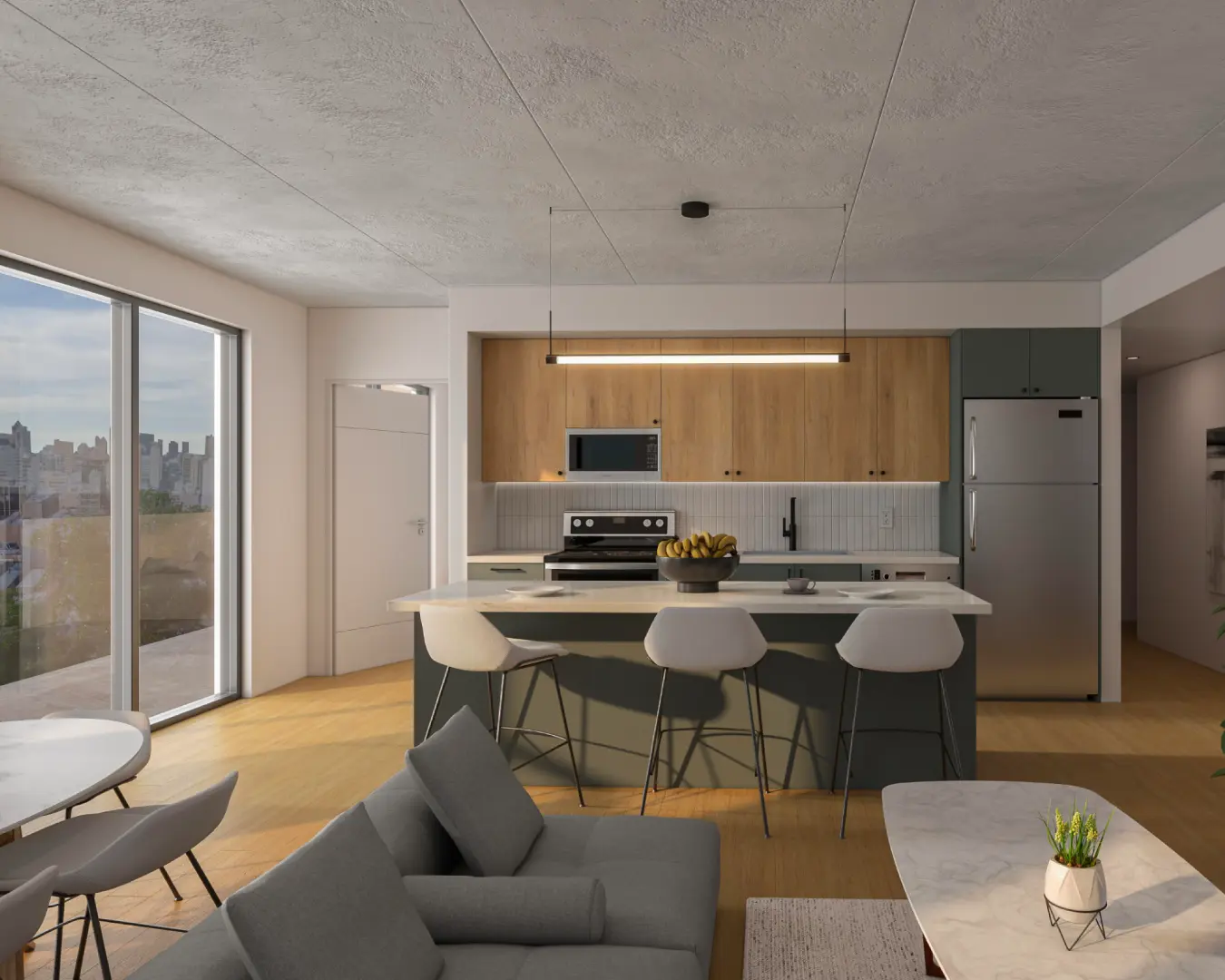 Interior rendering of The Elswood apartment kitchen and dining space, featuring warm wood cabinetry, an island, and city views in Winnipeg.