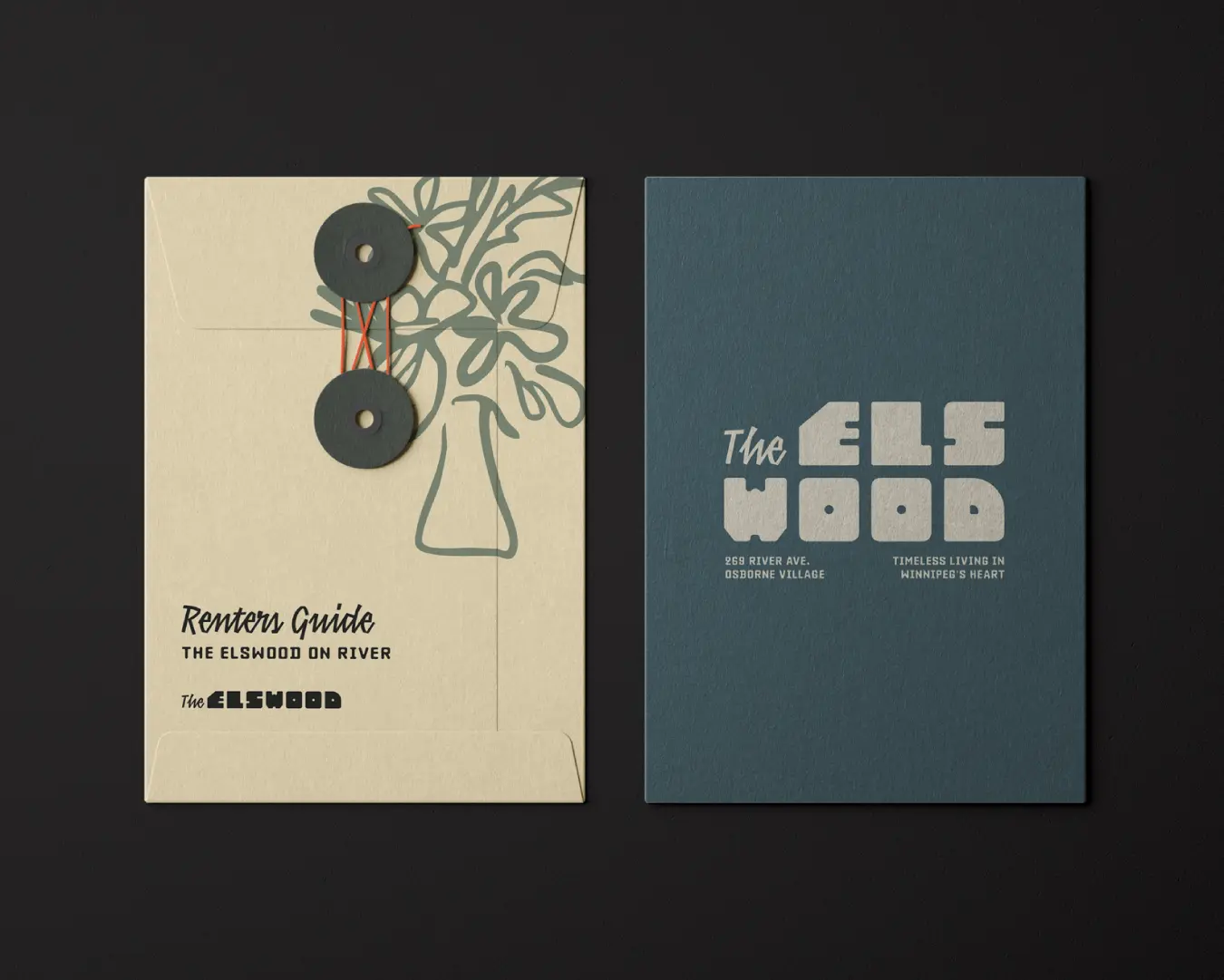 Renter guide and welcome folder set for The Elswood apartments, combining textured paper, floral line illustrations, and stamped logotype.