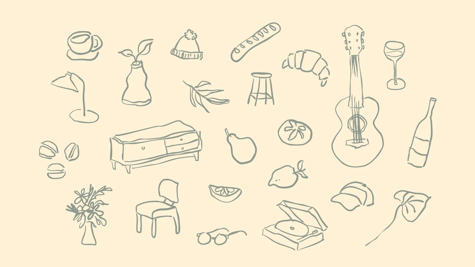 Hand-drawn lifestyle illustrations for The Elswood brand, featuring cozy home objects, food, wine, plants, and furniture reflecting warm community living in Osborne Village, Winnipeg.