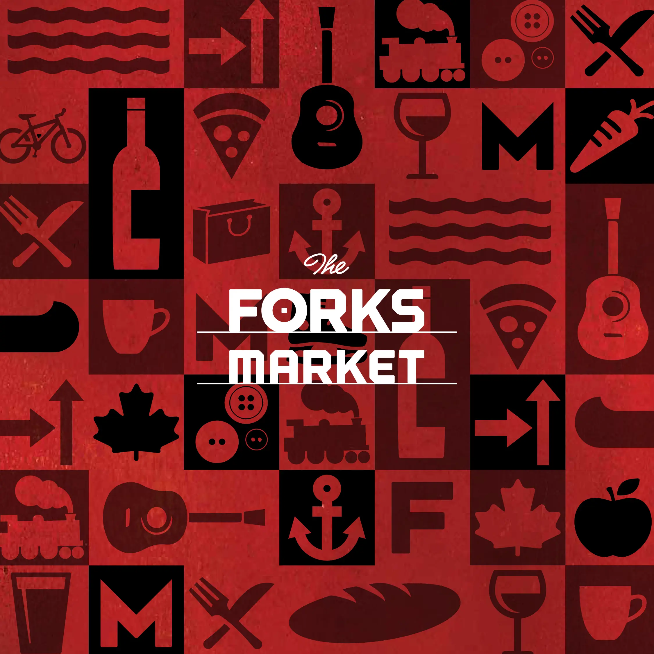 Red patterned graphic featuring icons from The Forks Market, illustrating community, creativity, and food culture in Winnipeg.