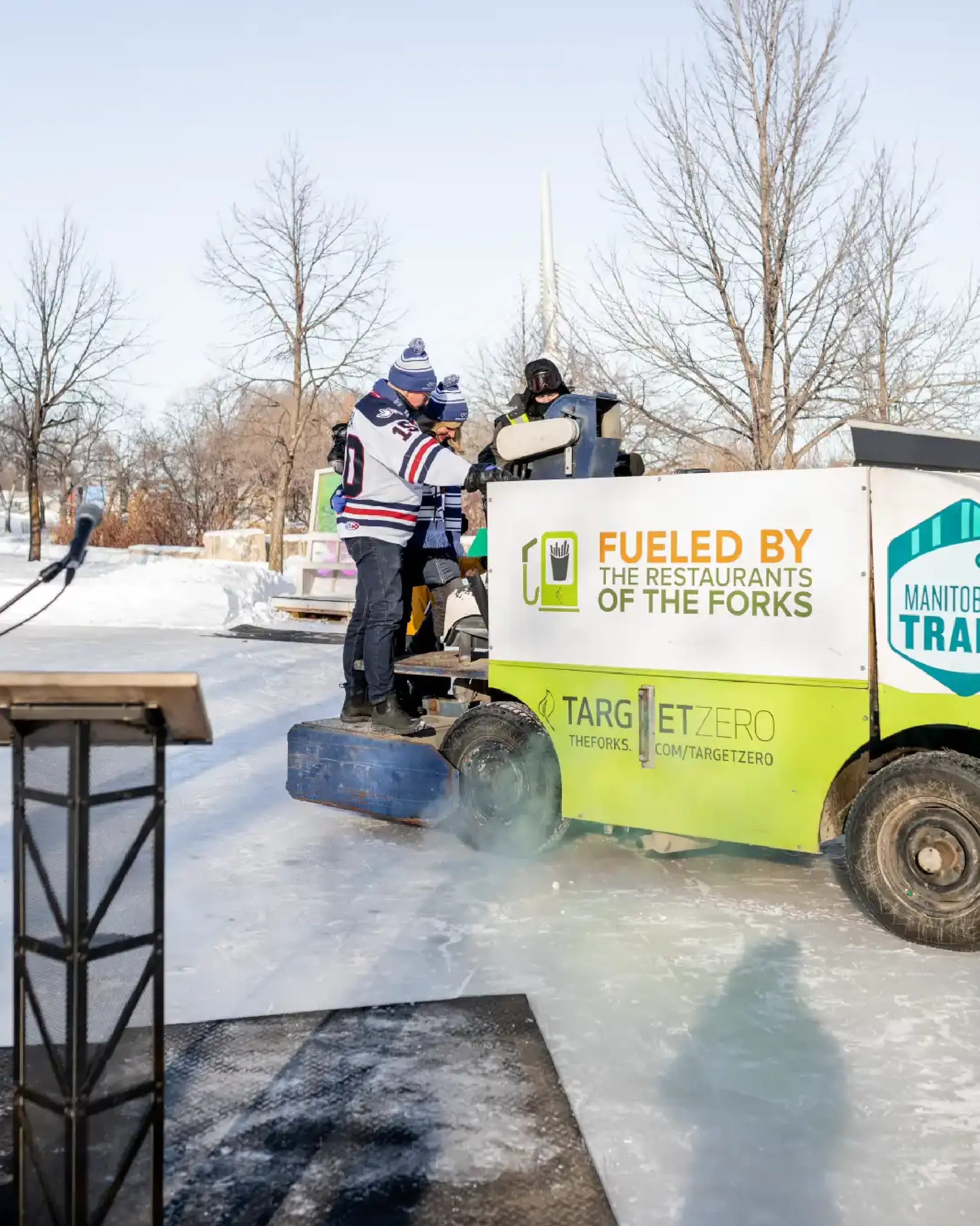 Ice resurfacing machine at The Forks fueled by restaurant waste, part of the Target Zero sustainability program in Winnipeg.