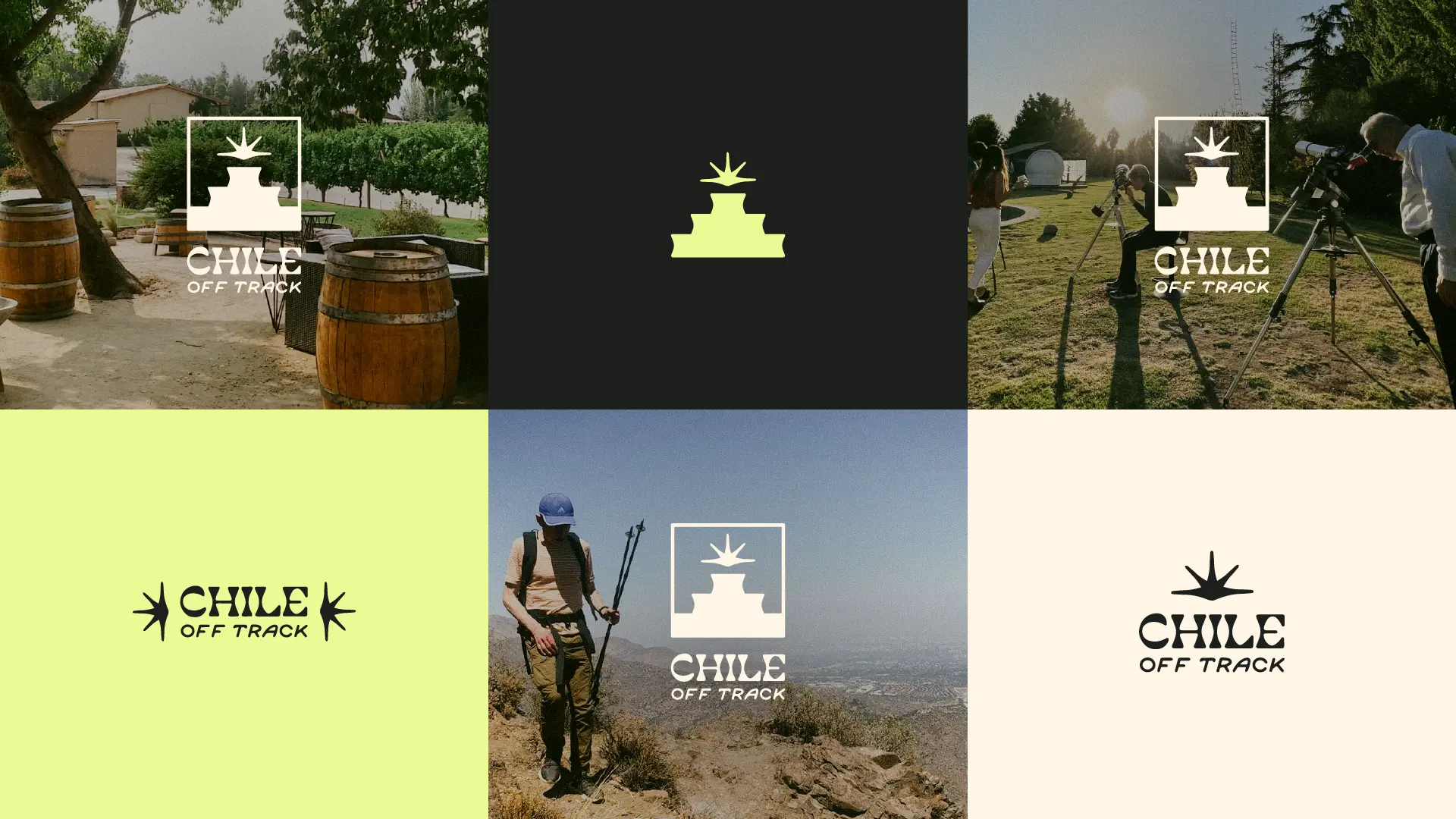 Collage of Chile Off Track logo applications across photography, colour blocks, and wordmark lockups.