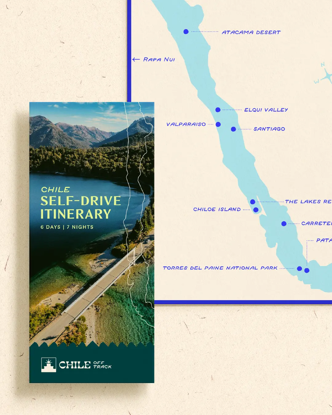 Chile self-drive itinerary brochure beside an illustrated map showing key destinations along the length of Chile.