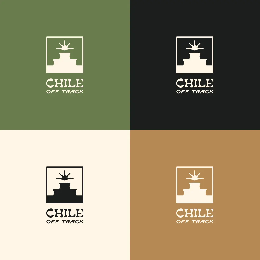 Chile Off Track logo shown in four colourways on olive, charcoal, cream, and ochre backgrounds.