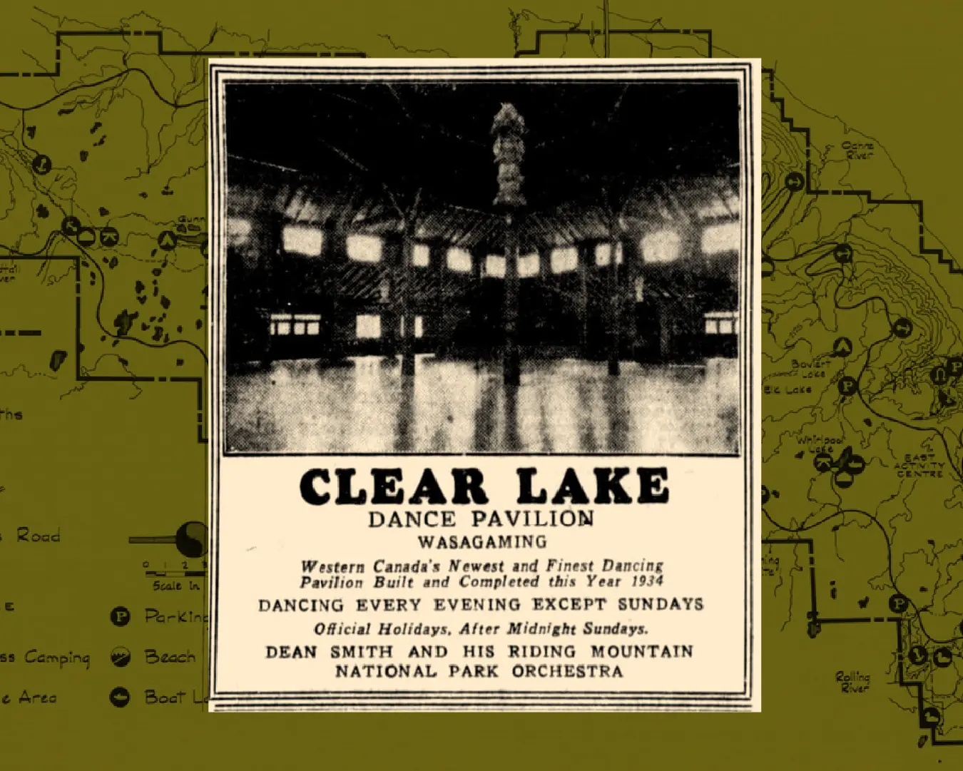 Vintage poster for the Clear Lake Dance Pavilion in Wasagaming with a black-and-white photo and map background.