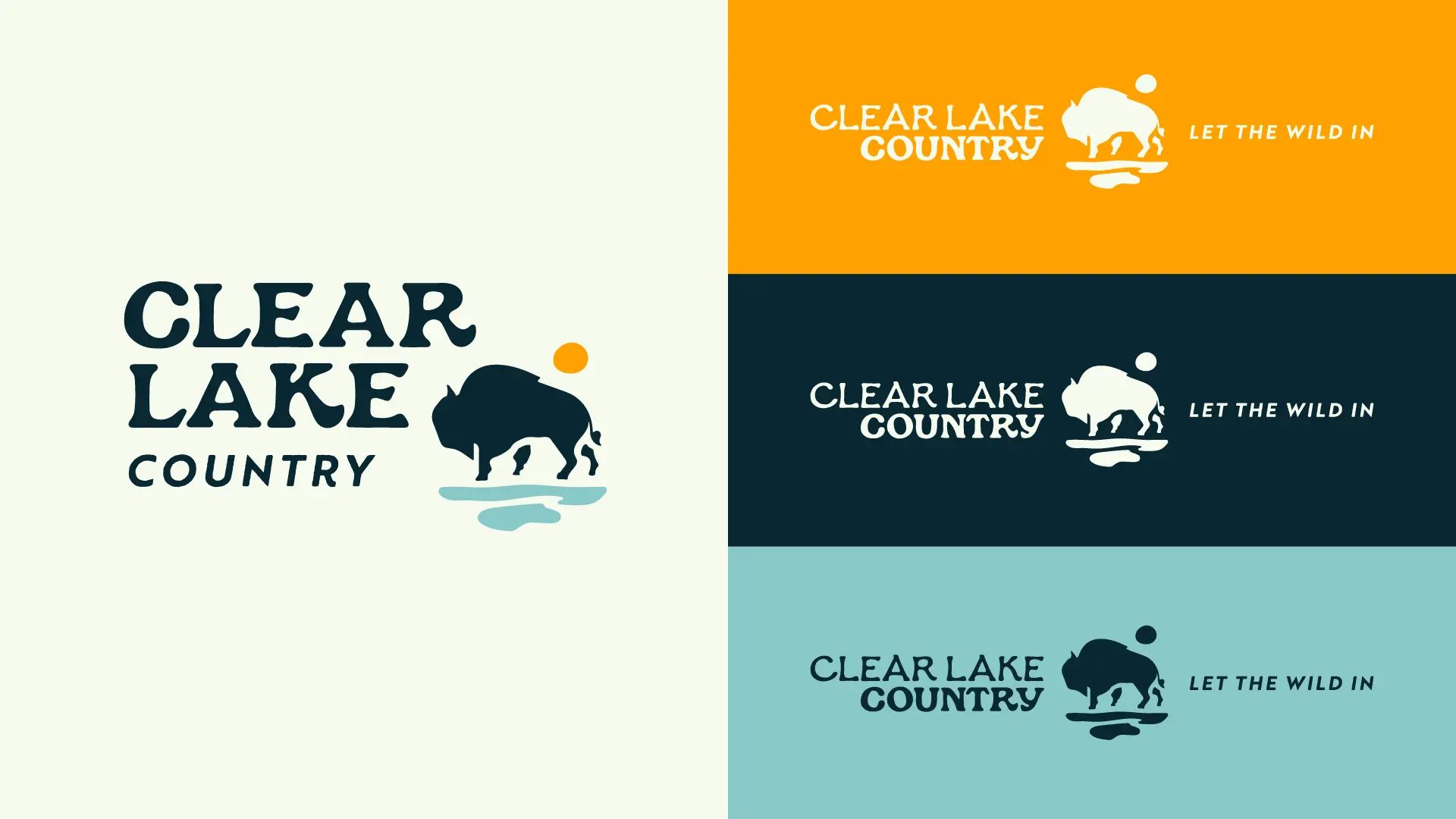 Clear Lake Country logo and “Let the Wild In” tagline shown in multiple colourways and layouts.