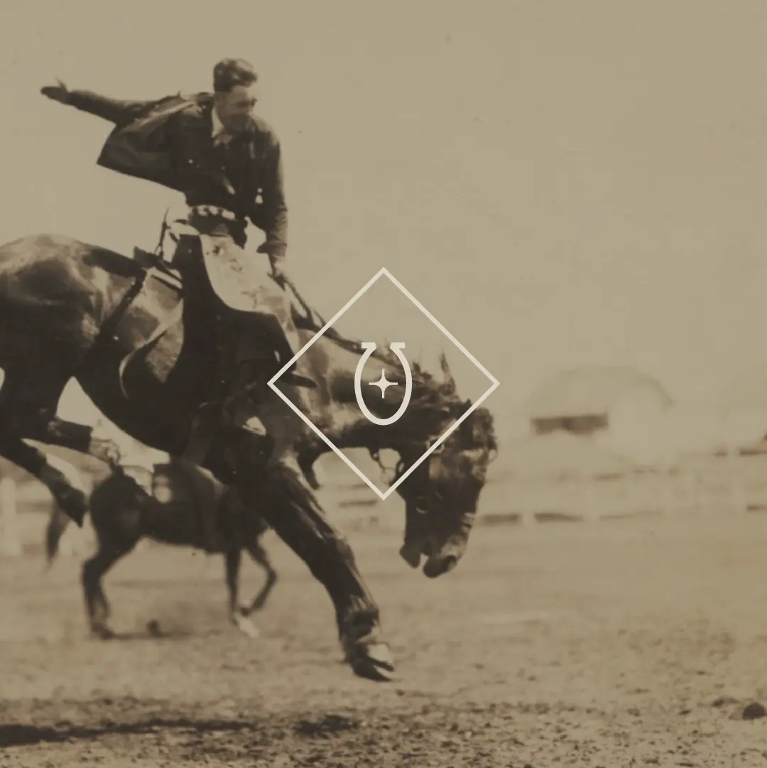 Vintage rodeo rider photo with Camp Cantina horseshoe brand mark overlay, nodding to western heritage.