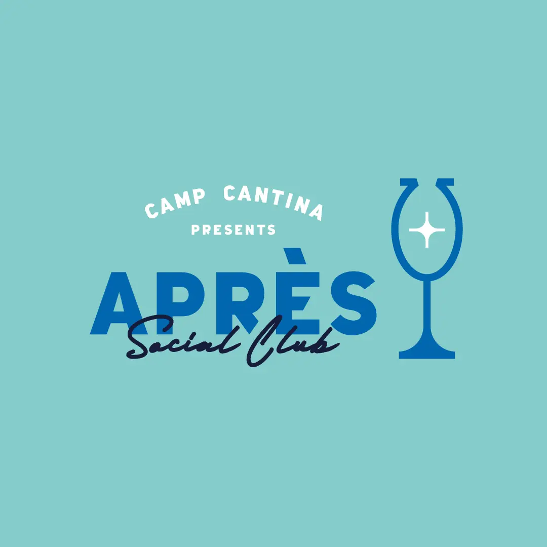 Camp Cantina “Après Social Club” logo lockup with wine glass icon on teal background.
