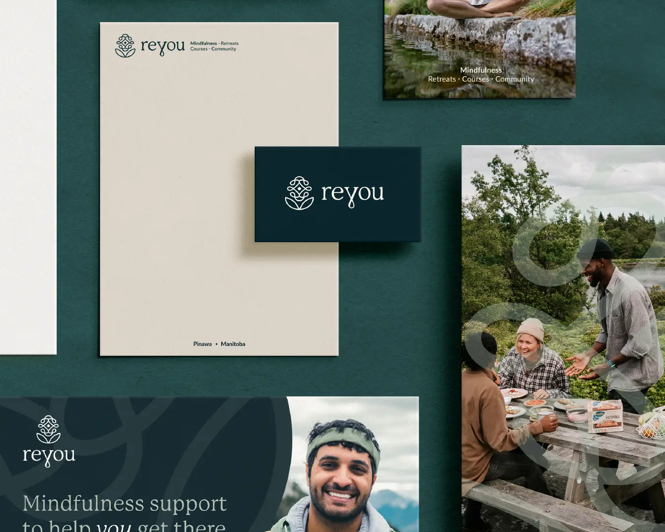 Reyou brand stationery mockup featuring letterhead, business card, and photo cards on a deep teal surface, showing “Mindfulness · Retreats · Courses · Community” and Pinawa, Manitoba.