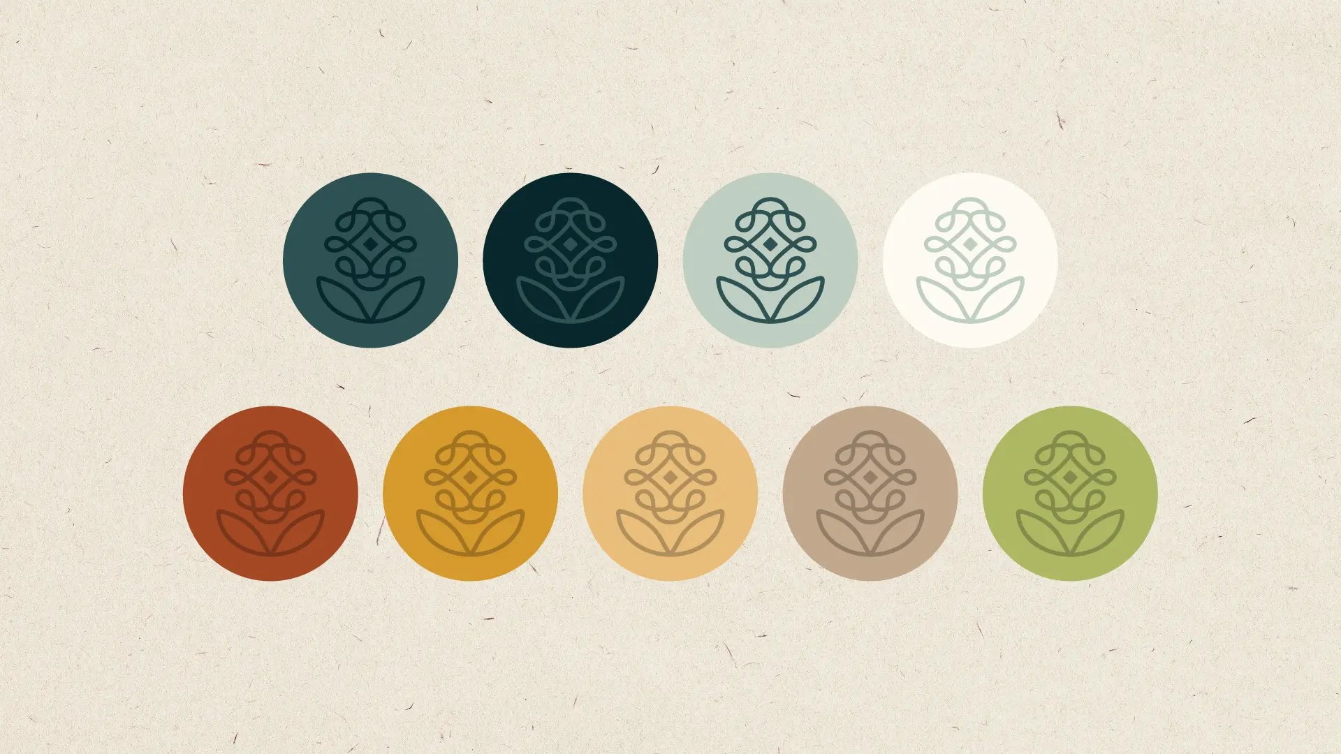 Circular colour palette swatches displaying the Reyou floral logo mark on a textured paper background.