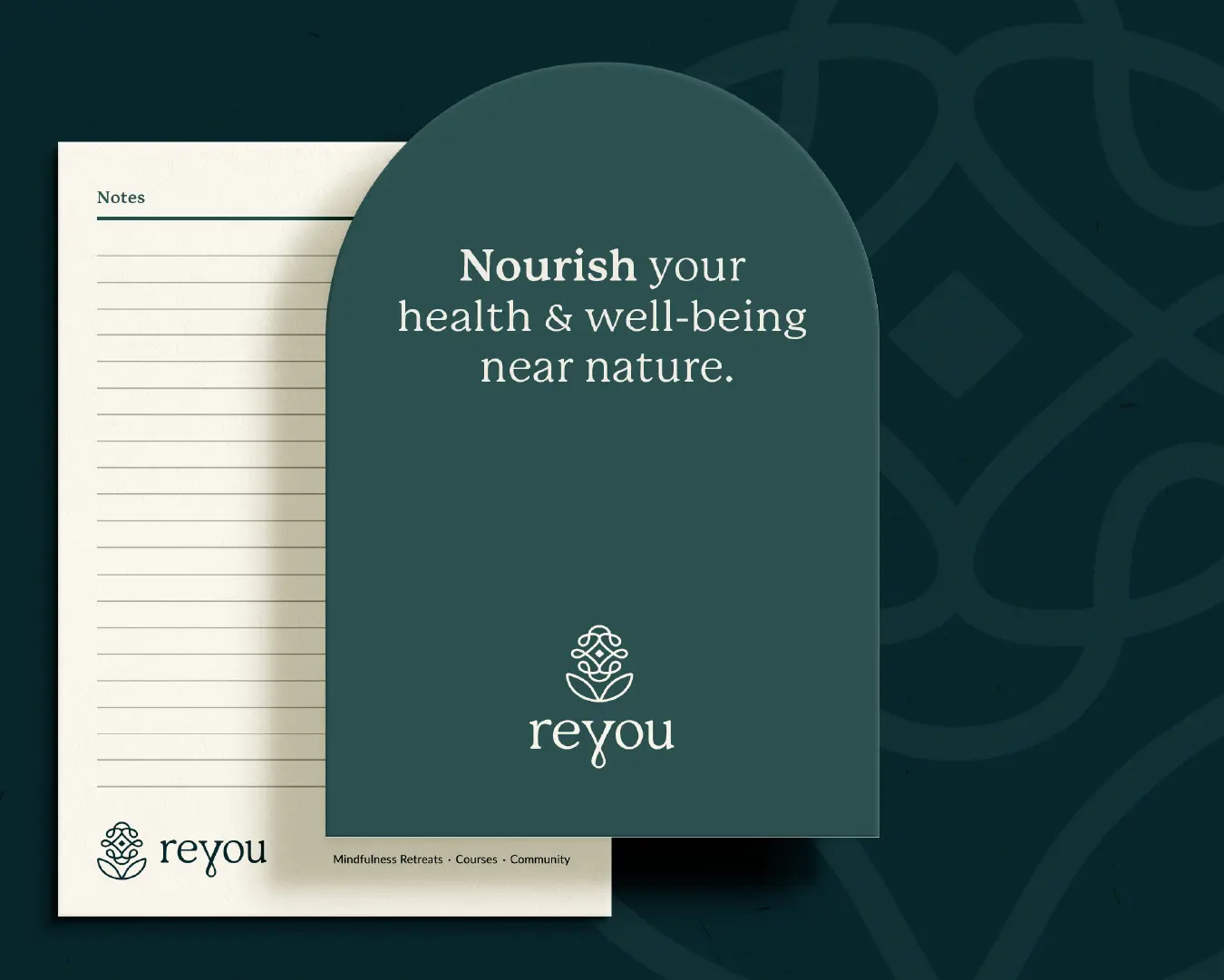 Arched quote card reading “Nourish your health & well-being near nature.” with Reyou logo over a dark green background and notepad.