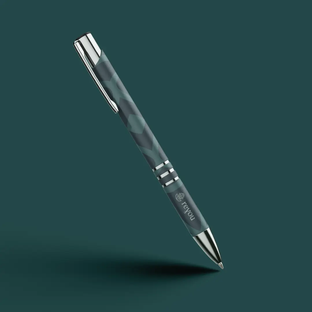 Reyou branded pen with subtle pattern and silver accents floating against a deep teal background.