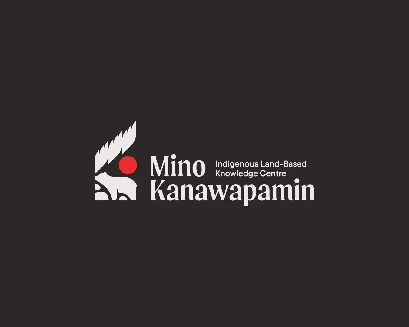 Mino Kanawapamin logo lockup in white with a red sun symbol on a dark background.