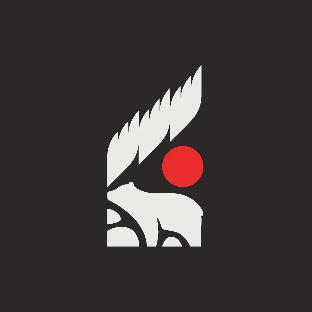 Mino Kanawapamin icon featuring a bear silhouette, leaf shapes, and a red sun on a dark background.