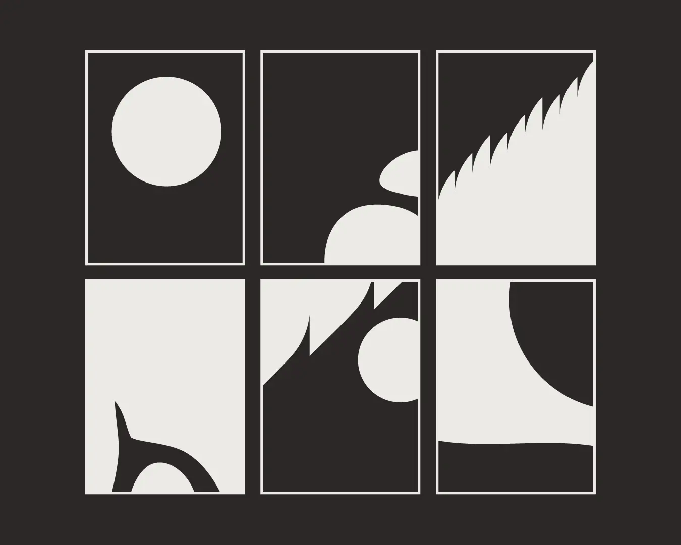 Abstract black-and-cream geometric panels showing the brand’s shape system and visual language.