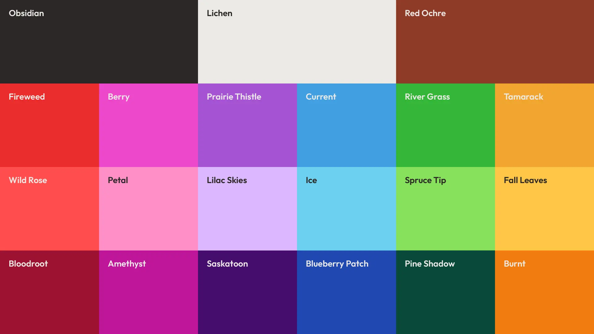 Brand colour palette swatches labeled with nature-inspired names including Obsidian, Lichen, Red Ochre, and Fireweed.