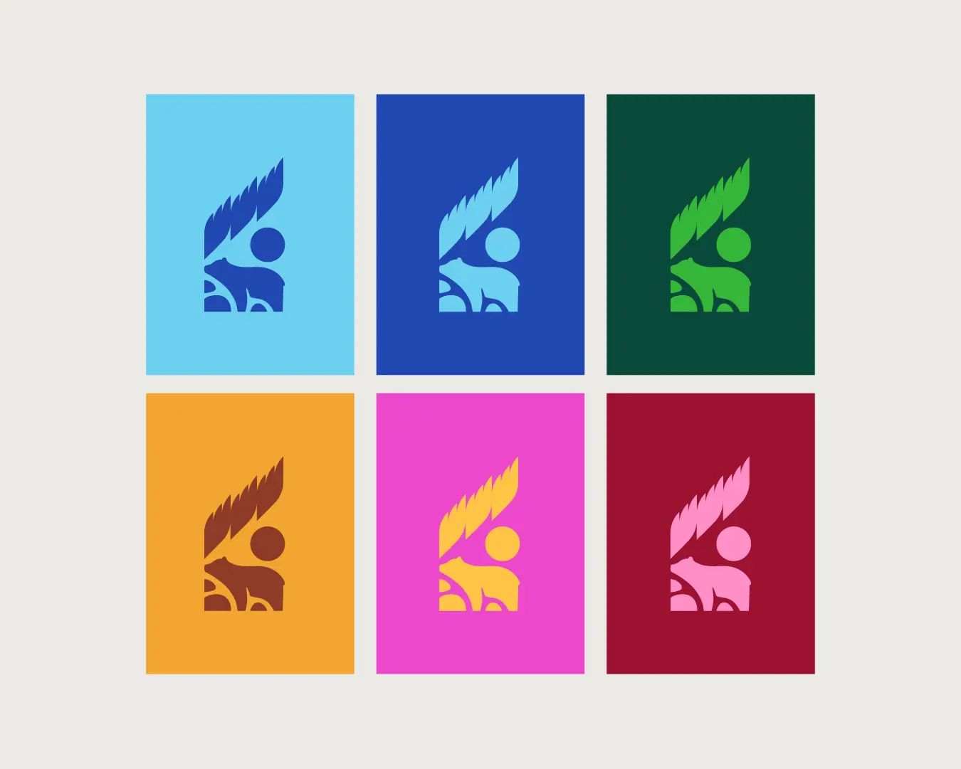 Logo icon shown in six colour variations across blue, green, orange, pink, and red backgrounds.