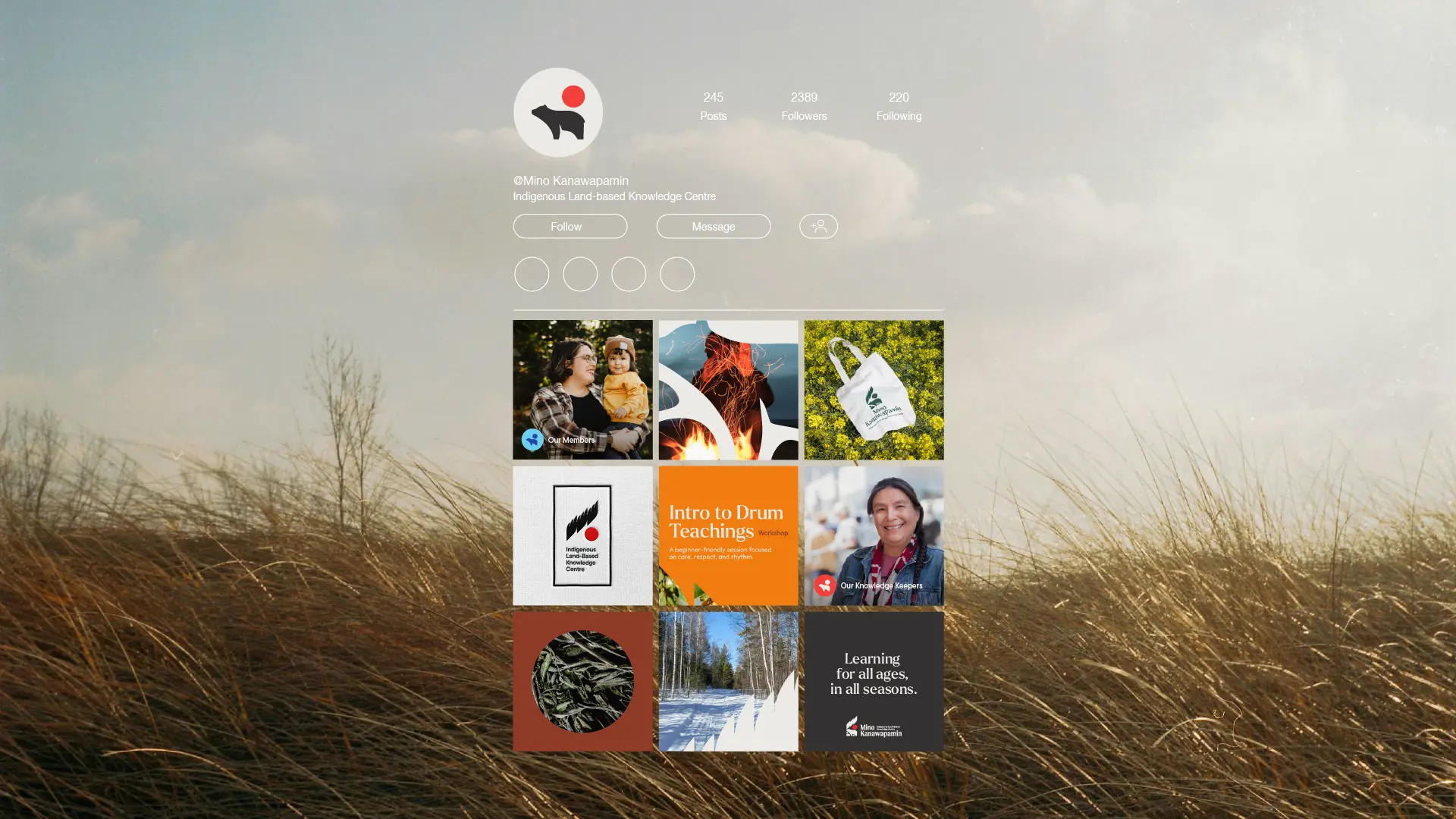 Social media profile concept showing a curated grid of posts, profile header, and brand avatar over a landscape image.