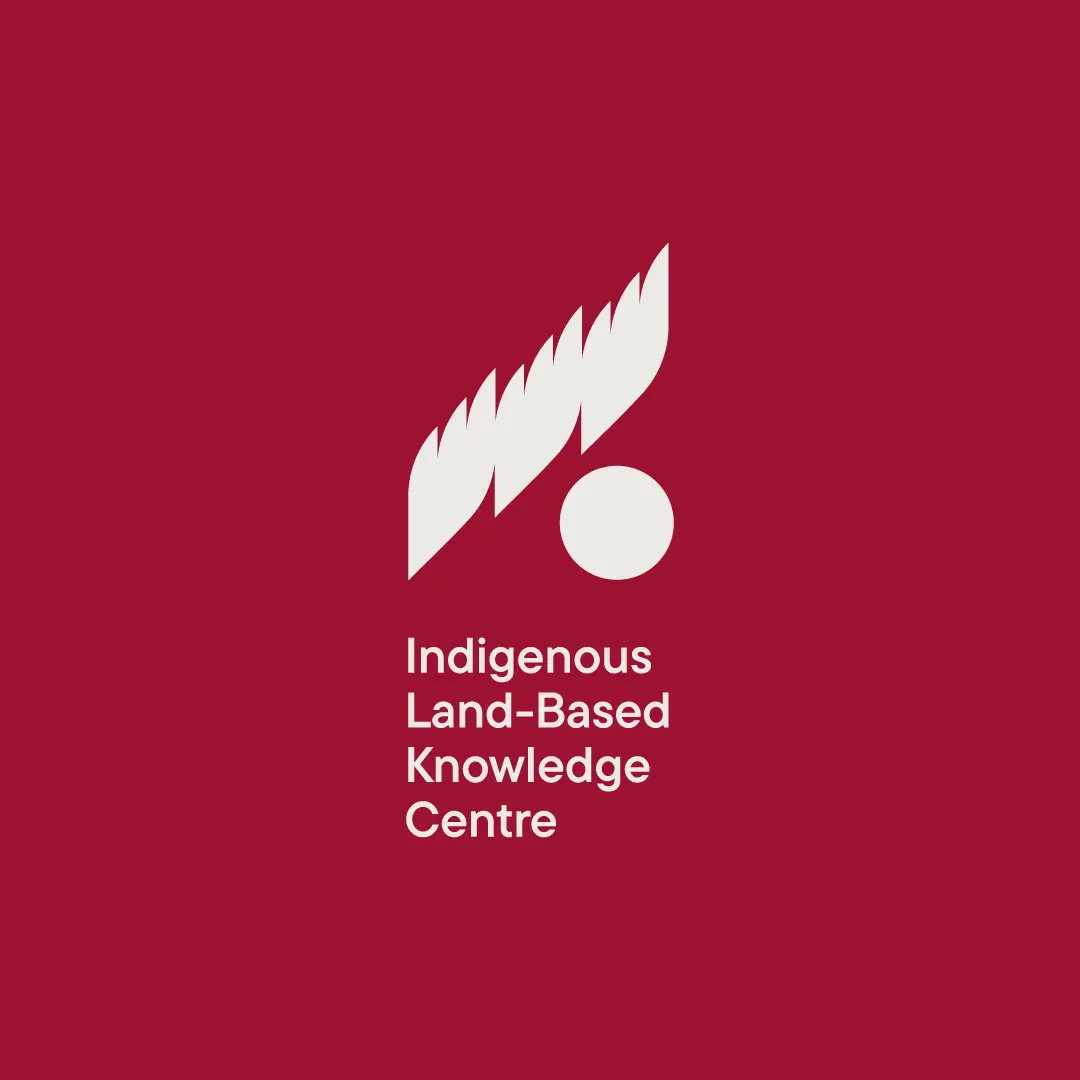 White logo and “Indigenous Land-Based Knowledge Centre” wordmark on a deep red background.