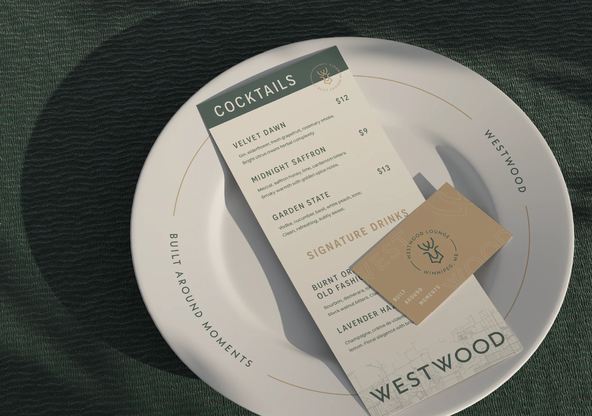 Branded Westwood Lounge cocktail menu and coaster displayed on a plate with custom restaurant brand details.