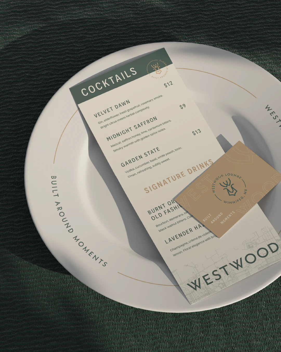 Westwood Lounge cocktail menu and branded coaster styled on a plate for the restaurant and pub brand identity.