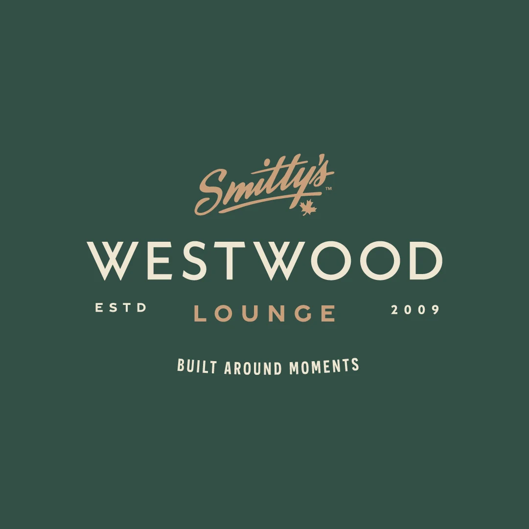 Westwood Lounge restaurant and pub logo lockup with Smitty’s endorsement and brand tagline.