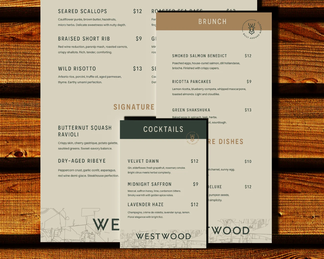 Westwood Lounge restaurant, brunch, and cocktail menu designs layered on a warm wood background.