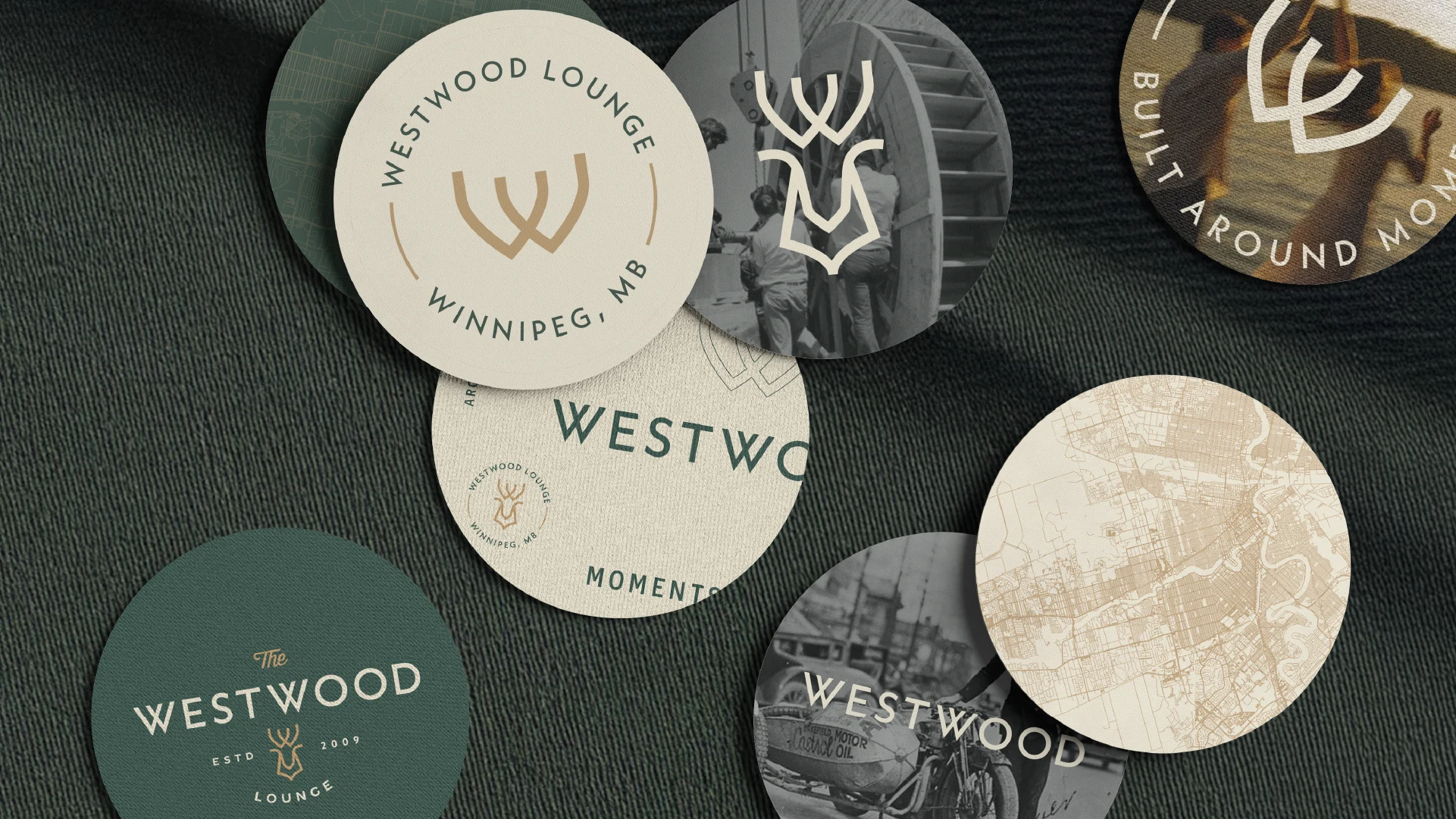 Custom Westwood Lounge coaster designs with logo marks, heritage imagery, and Winnipeg map details.