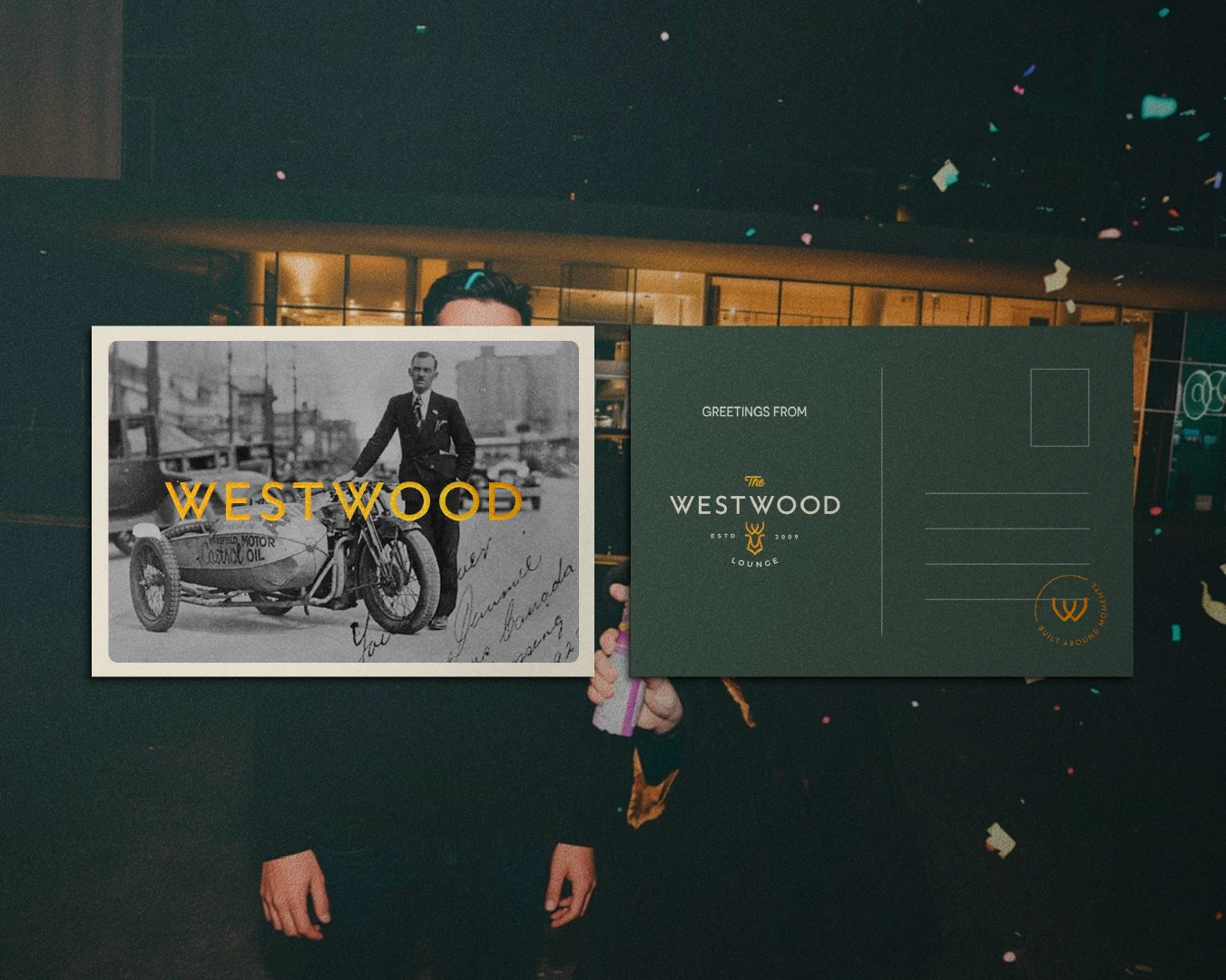 Westwood Lounge postcard designs using vintage photography, deep green branding, and cocktail lounge logo marks.