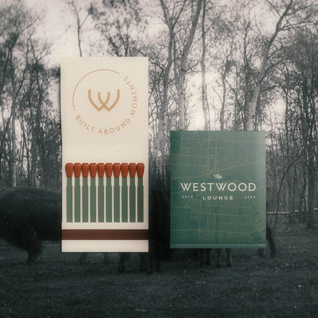 Westwood Lounge matchbook and branded card design inspired by heritage hospitality and local Winnipeg details.