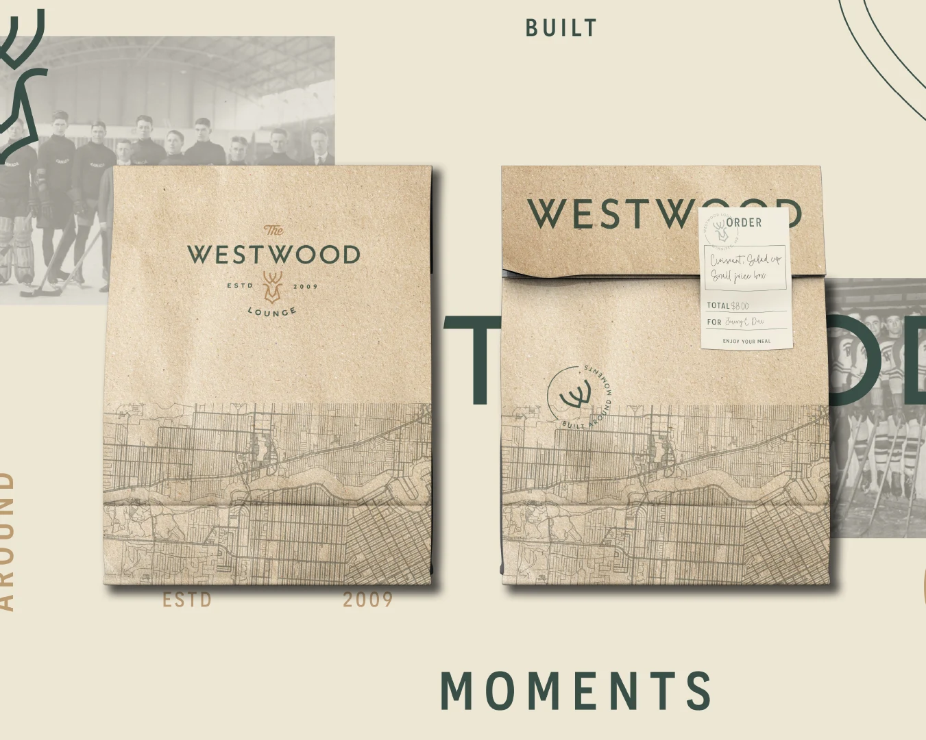 Westwood Lounge takeout packaging design with custom logo, order label, and Winnipeg map-inspired illustration.