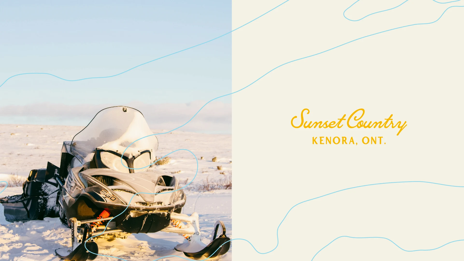 Snowmobile parked on a snowy landscape beside a branded graphic reading “Sunset Country, Kenora, Ont.”