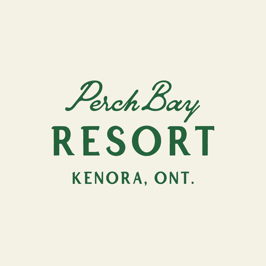 Green Perch Bay Resort Kenora, Ontario wordmark centred on a cream background.