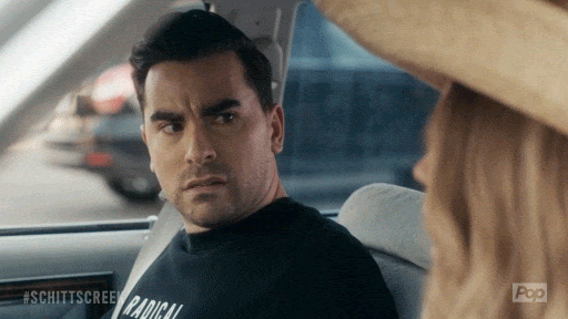 David Rose from Schitt’s Creek sits in a car, slowly turning to stare with a skeptical, unimpressed expression with the text "what does that mean?"