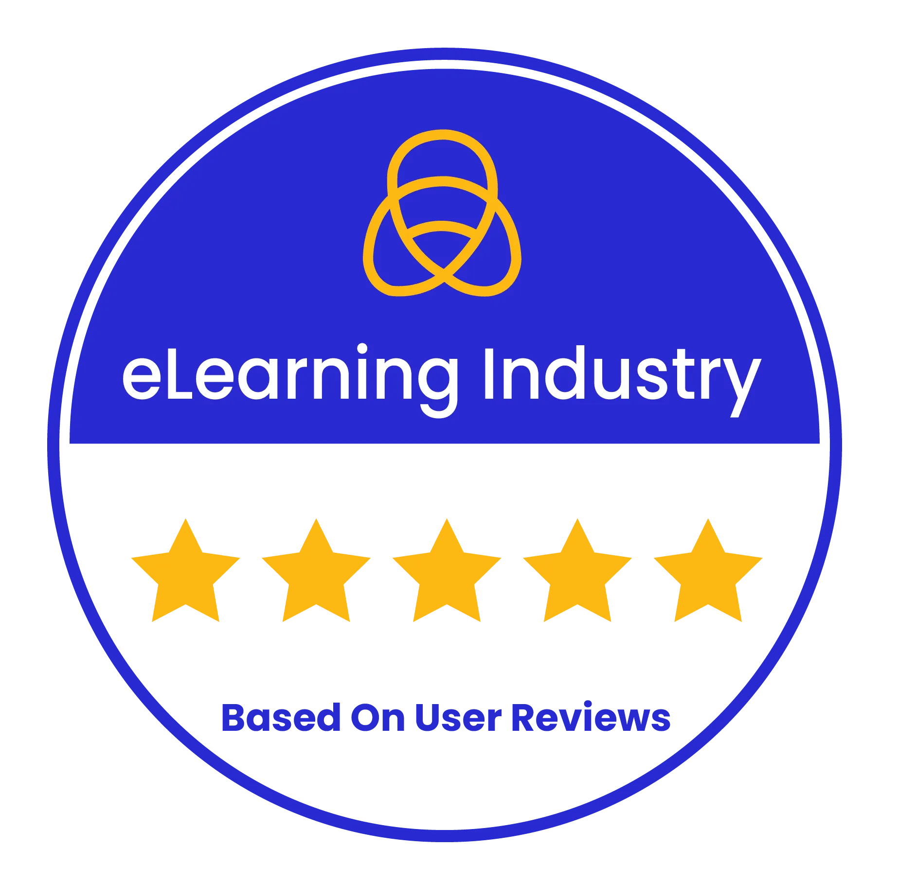 eLearning Industry badge with five gold stars and text based on user reviews.
