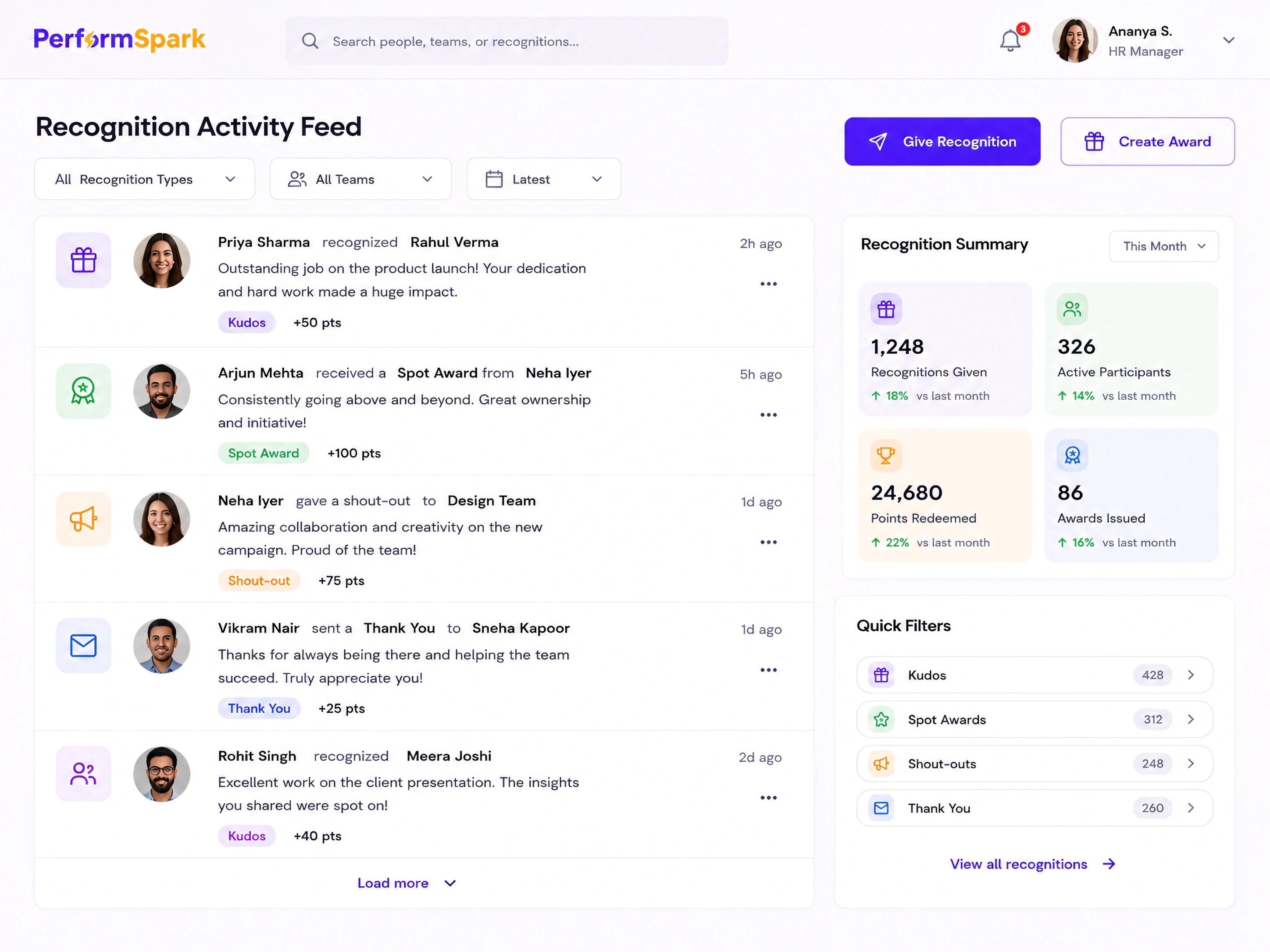 Dashboard showing recent employee recognitions, points earned, summary stats, and quick filters for recognition types.