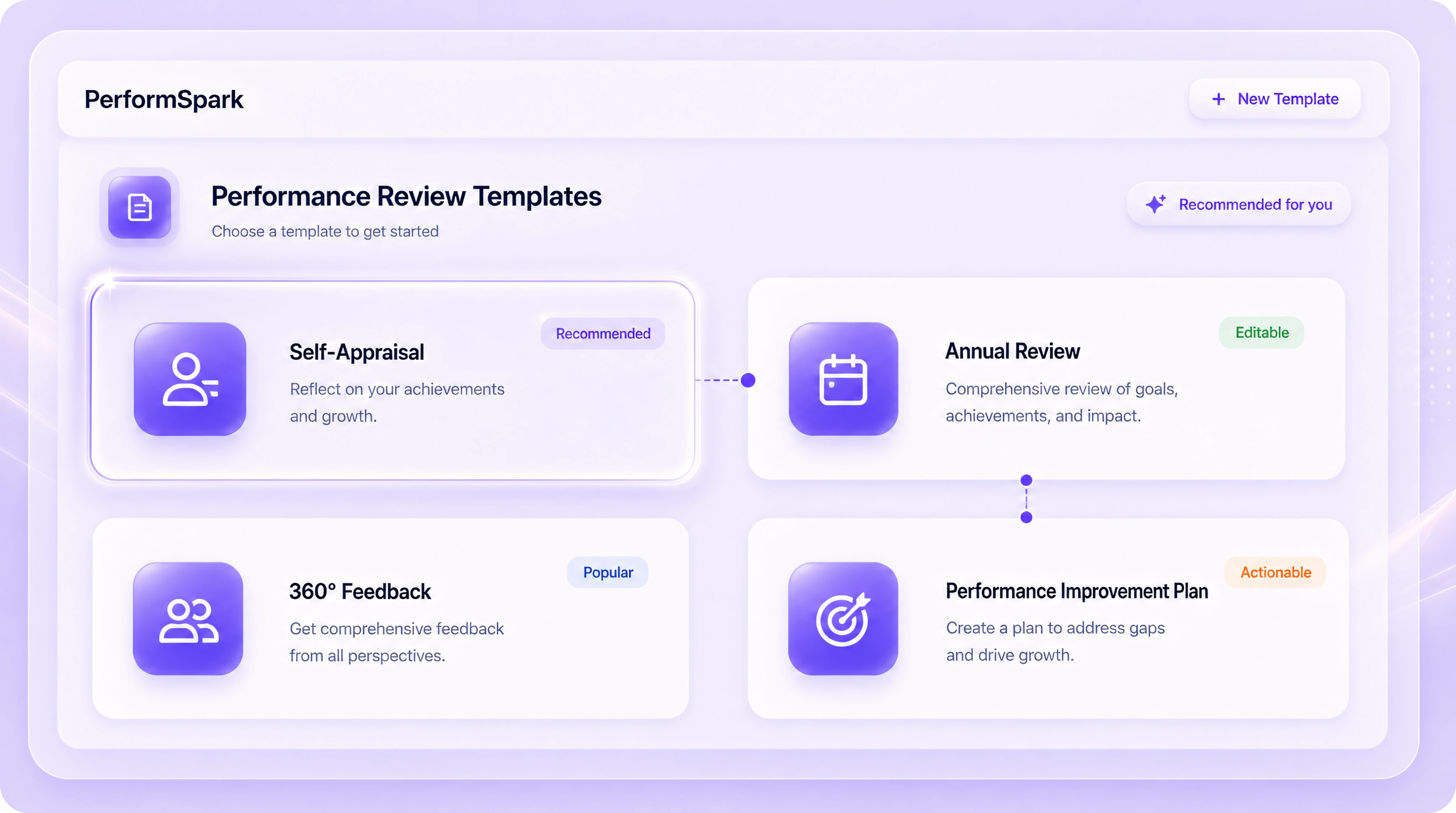 Performance template cards for self-appraisals, reviews, 360 feedback, and improvement plans