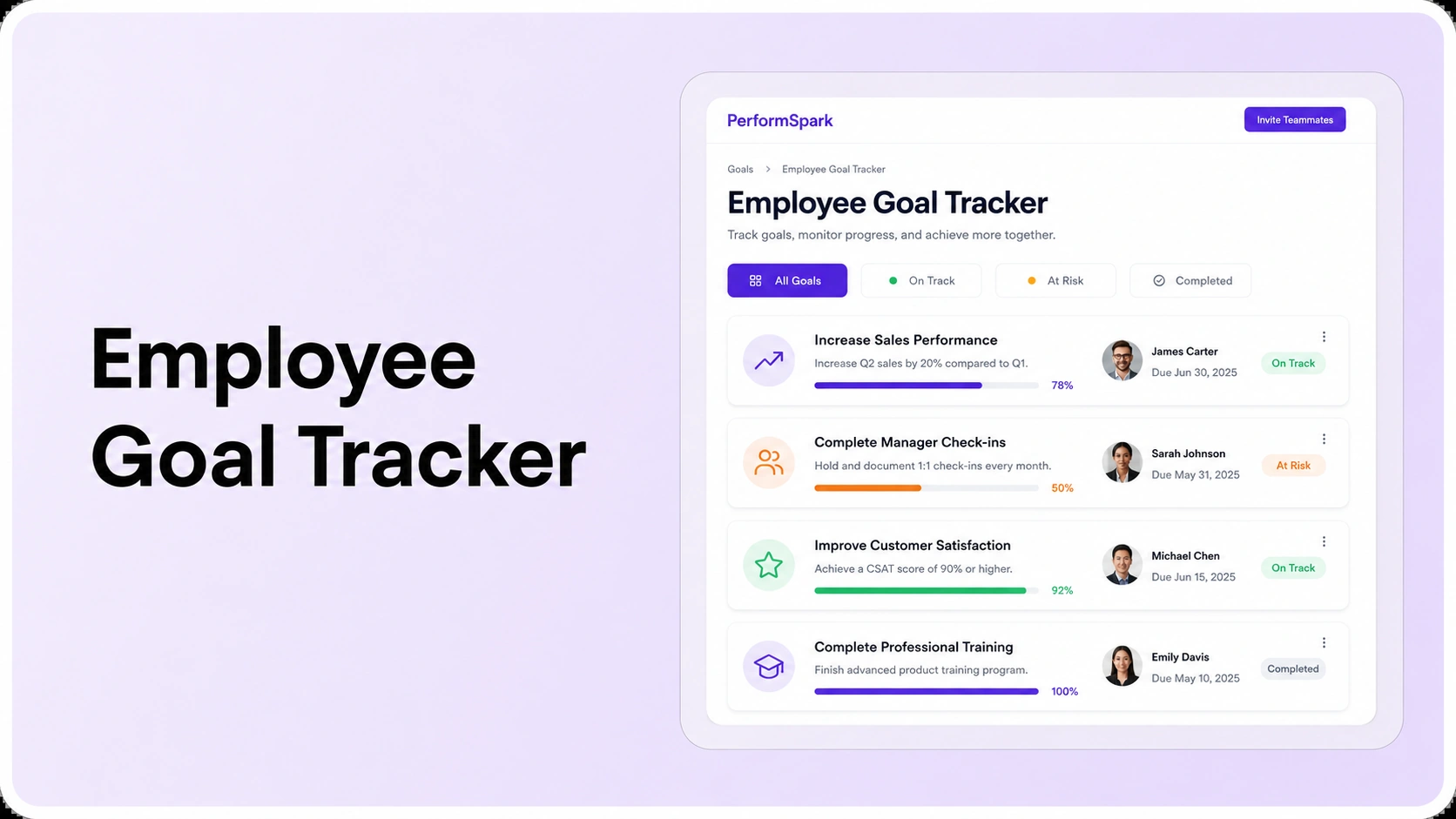 Five employee goal progress milestones rising toward a completed goal