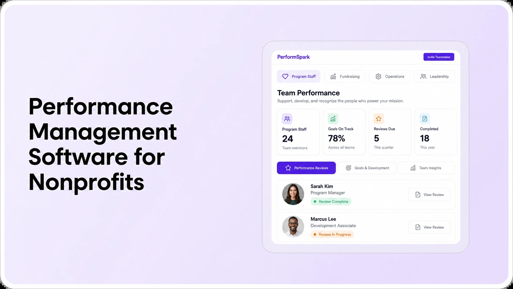 PerformSpark nonprofit performance management dashboard illustrating program staff reviews, fundraising, goals, and employee review progress