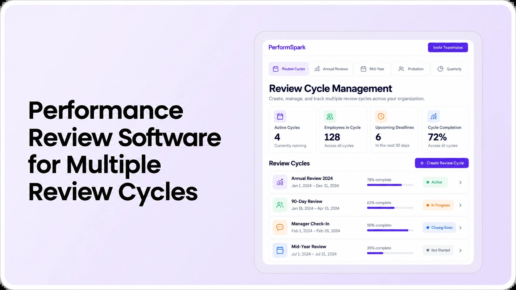 PerformSpark-themed multi-cycle performance review software thumbnail showing a review cycle management dashboard with different assessment schedules