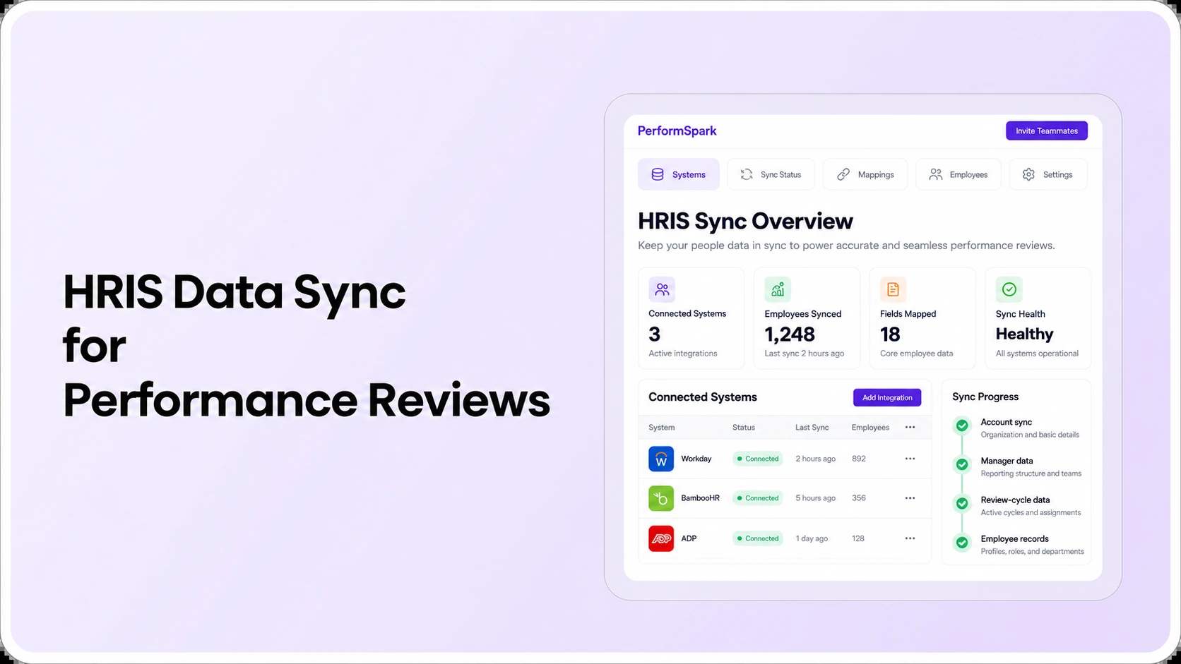 HRIS employee data sync for performance reviews, illustrated with a PerformSpark-style software dashboard