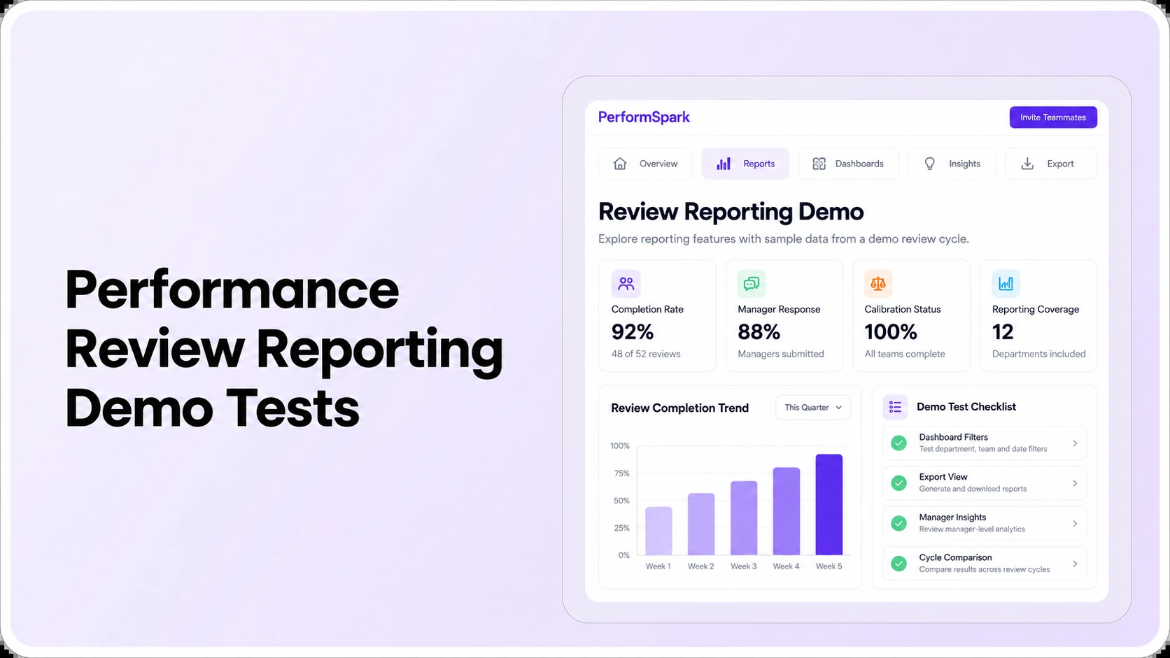 PerformSpark performance review reporting dashboard illustration with HR metrics, review completion statistics, filters and six reporting evaluation tests