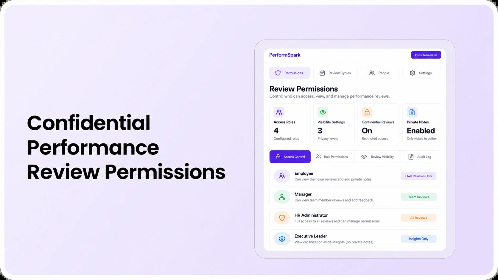 PerformSpark confidential performance review permissions thumbnail showing employee, manager and HR access settings in a software dashboard