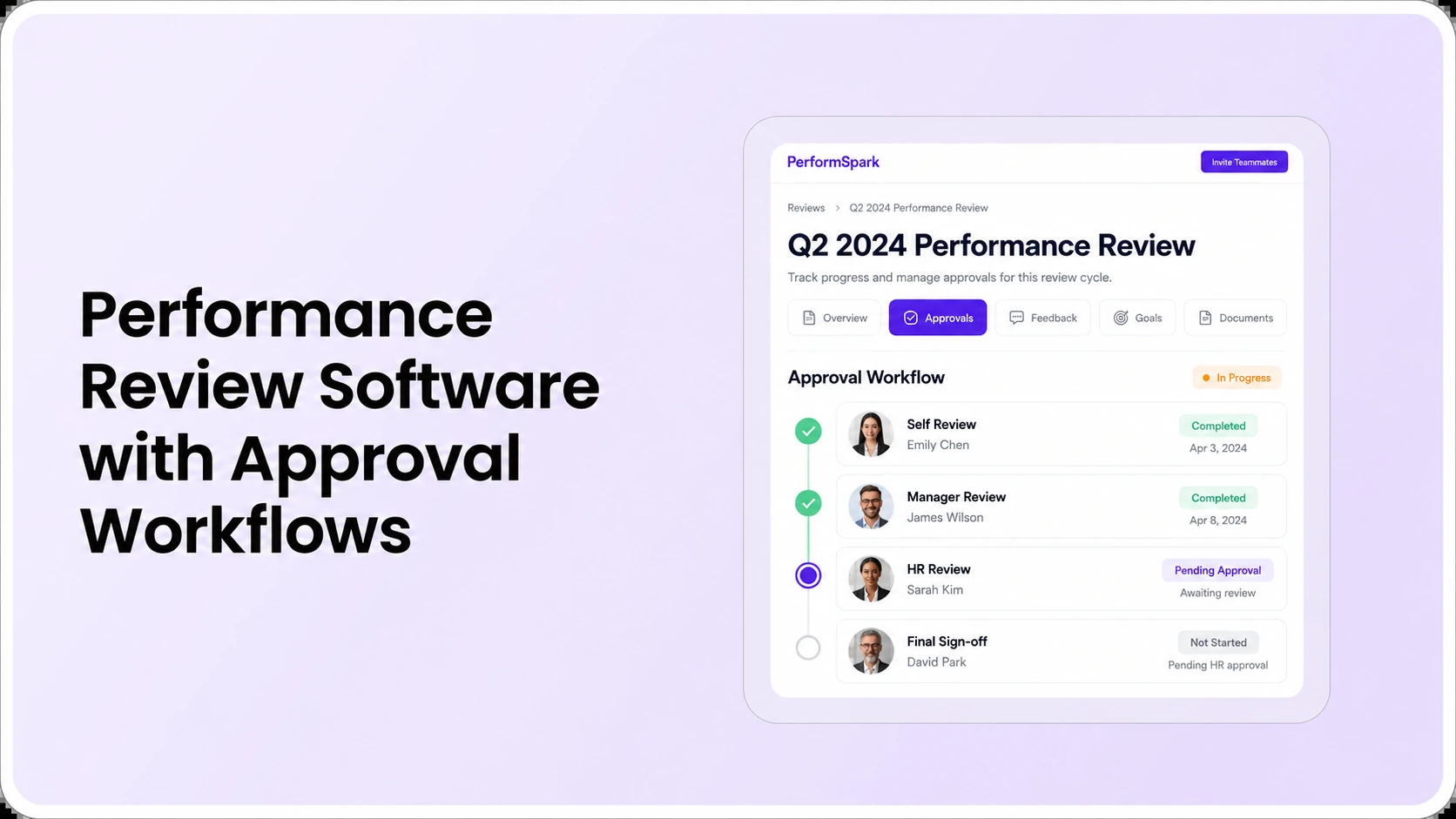 PerformSpark approval workflow thumbnail showing sequential manager, HR and executive review sign-offs with pending and approved status cards