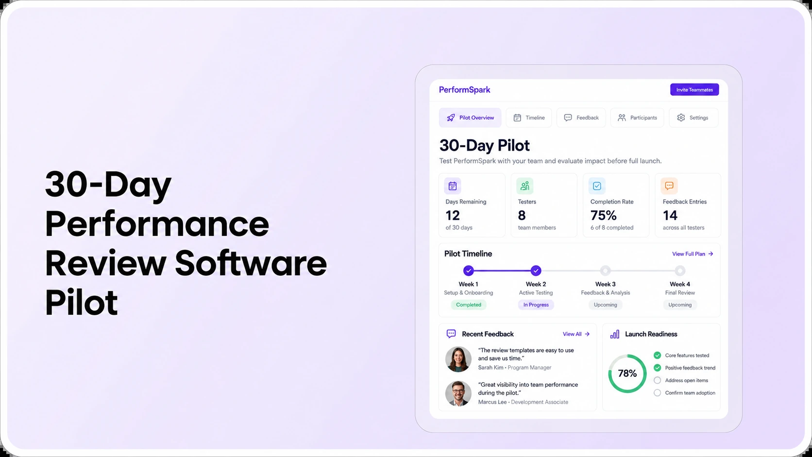 PerformSpark 30-day performance review software pilot illustration showing weekly milestones, testing progress and evaluation tasks